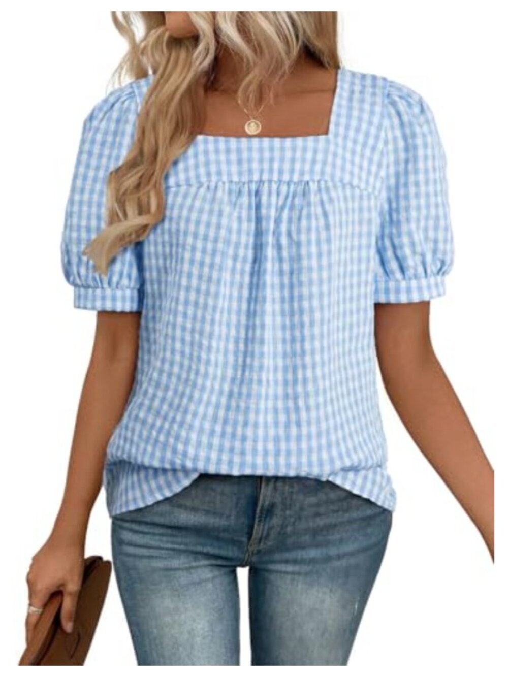 Womens Gingham Plaid Short Sleeve Tunic Top Square Neck Cotton Blend Blouse
